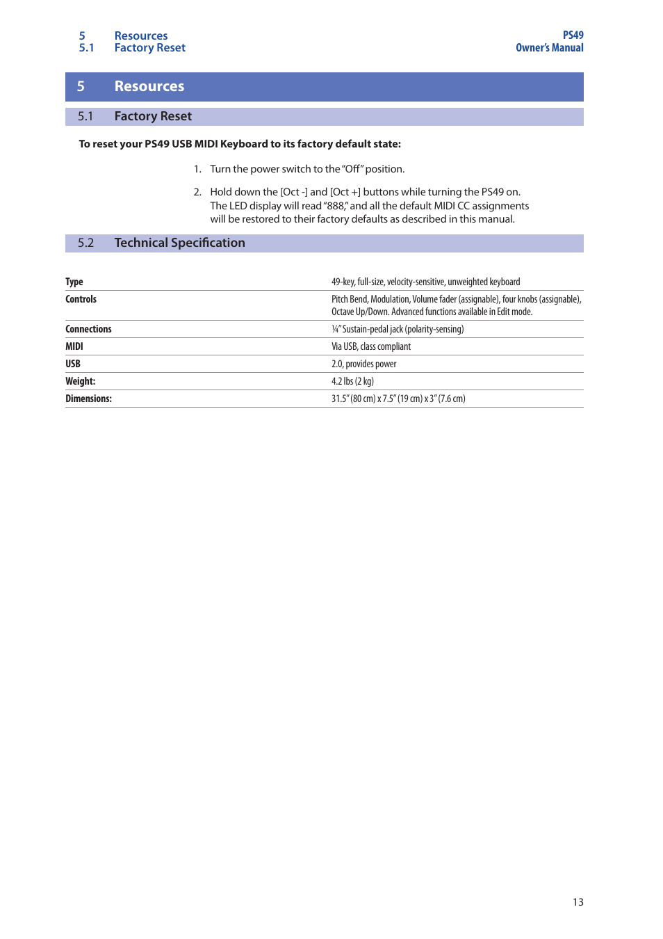 5 resources, 1 factory reset, 2 technical specification | 5 resources — 13, Factory reset — 13, Technical specification — 13 | PreSonus Music Creation Suite User Manual | Page 15 / 18