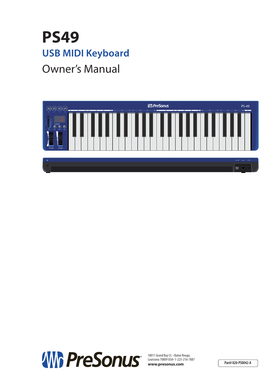 Ps49, Owner’s manual, Usb midi keyboard | PreSonus Music Creation Suite User Manual | Page 18 / 18