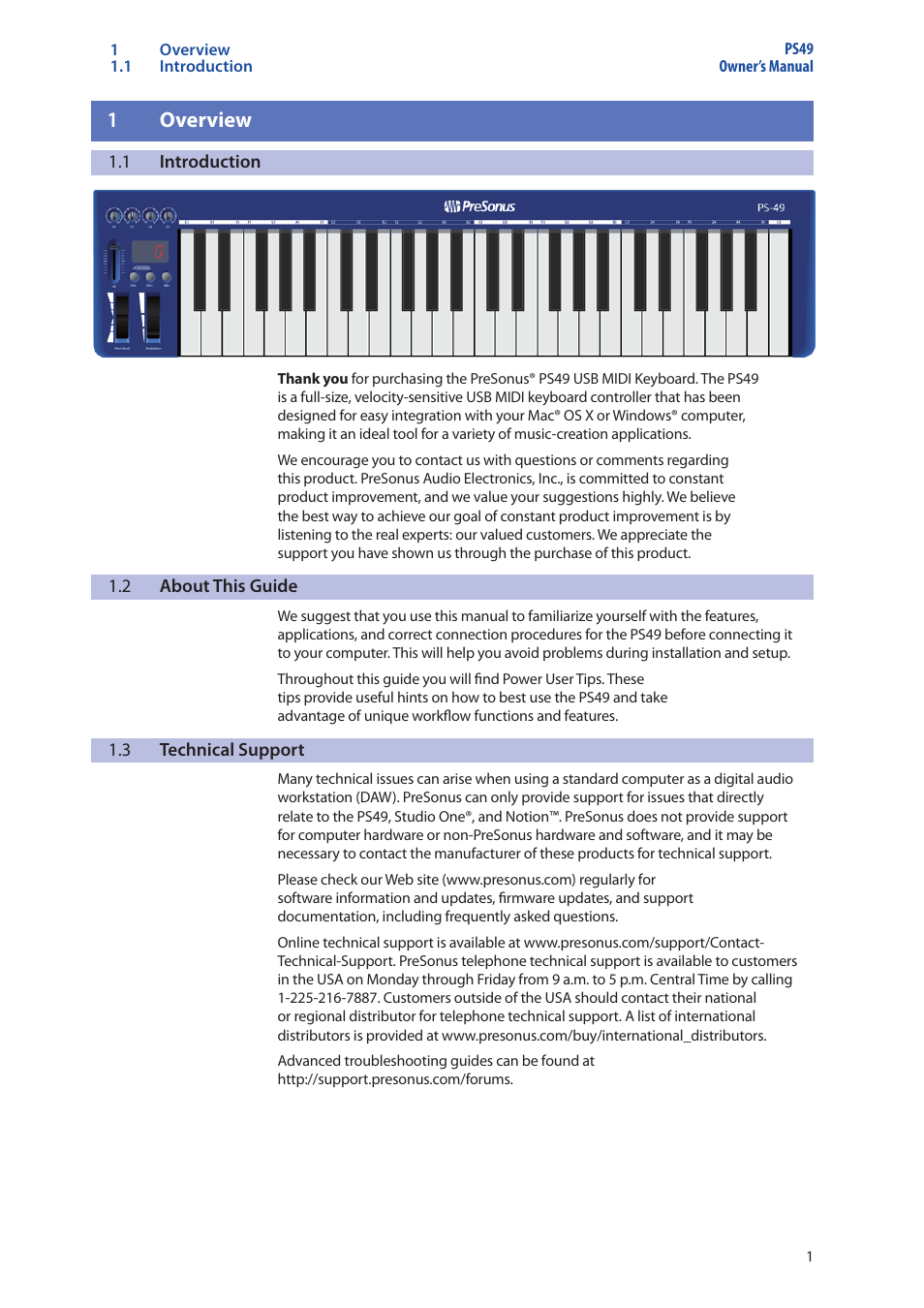 1 overview, 1 introduction, 2 about this guide | 3 technical support, 1 overview — 1, Introduction — 1, About this guide — 1, Technical support — 1 | PreSonus Music Creation Suite User Manual | Page 3 / 18