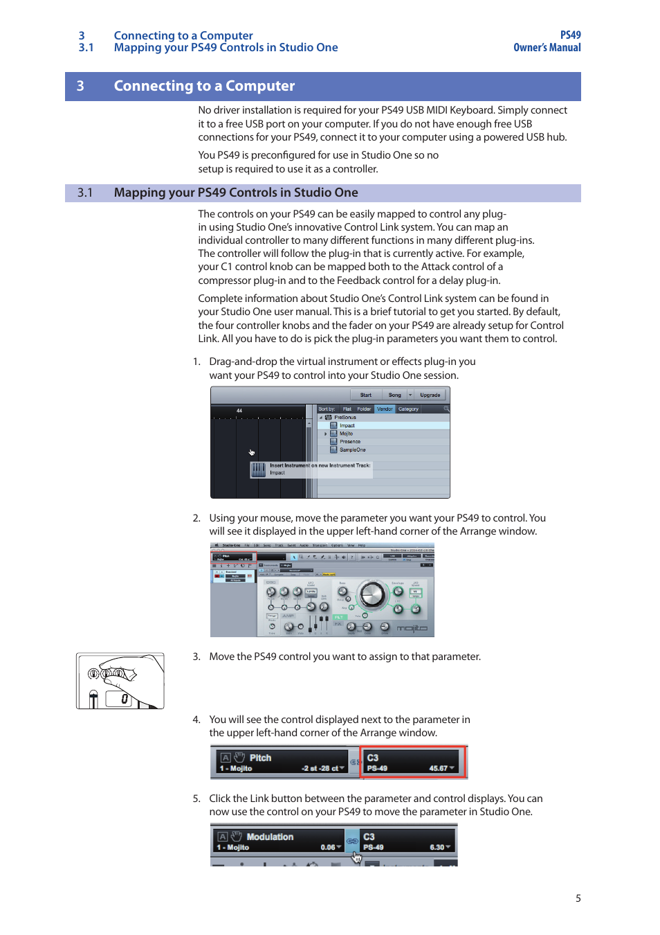 3 connecting to a computer, 1 mapping your ps49 controls in studio one, Connecting to a computer — 5 | Mapping your ps49 controls in studio one — 5, 3connecting to a computer | PreSonus Music Creation Suite User Manual | Page 7 / 18