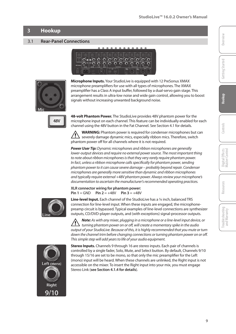 3 hookup, 1 rear-panel connections, 3 hookup — 9 | 1 rear-panel connections — 9 | PreSonus StudioLive 16.0.2 User Manual | Page 13 / 80