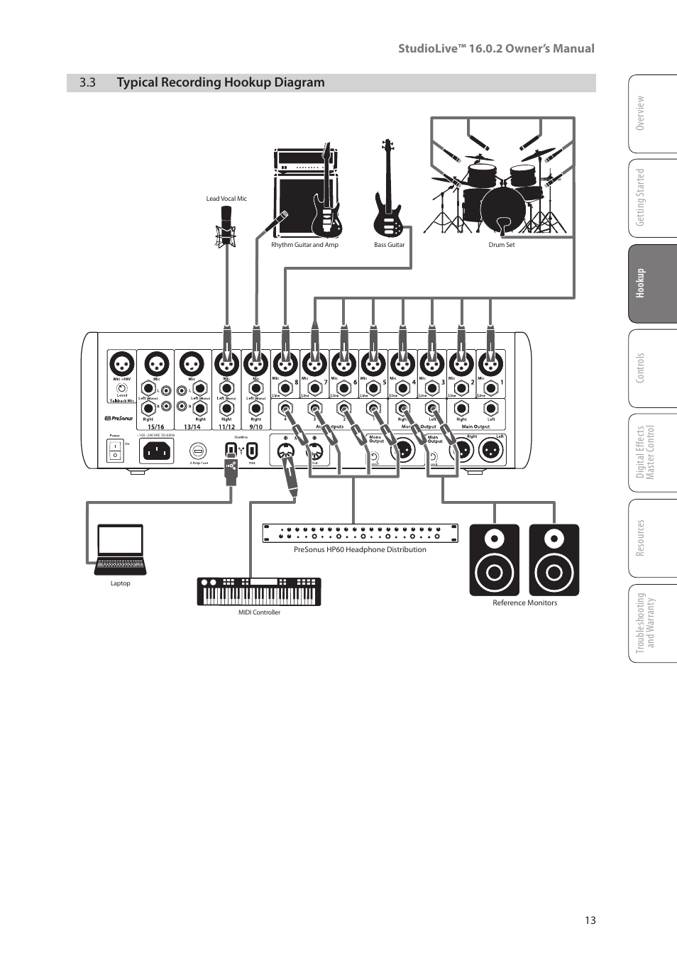 3 typical recording hookup diagram, 3 typical recording hookup, Diagram — 13 | PreSonus StudioLive 16.0.2 User Manual | Page 17 / 80