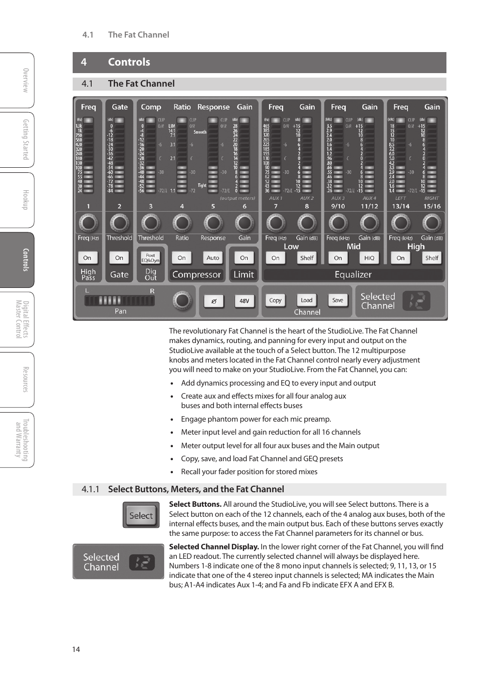 4 controls, 1 the fat channel, 1 select buttons, meters and the fat channel | 4 controls — 14, 1 the fat channel — 14, 1 select buttons, meters and, The fat channel — 14 | PreSonus StudioLive 16.0.2 User Manual | Page 18 / 80