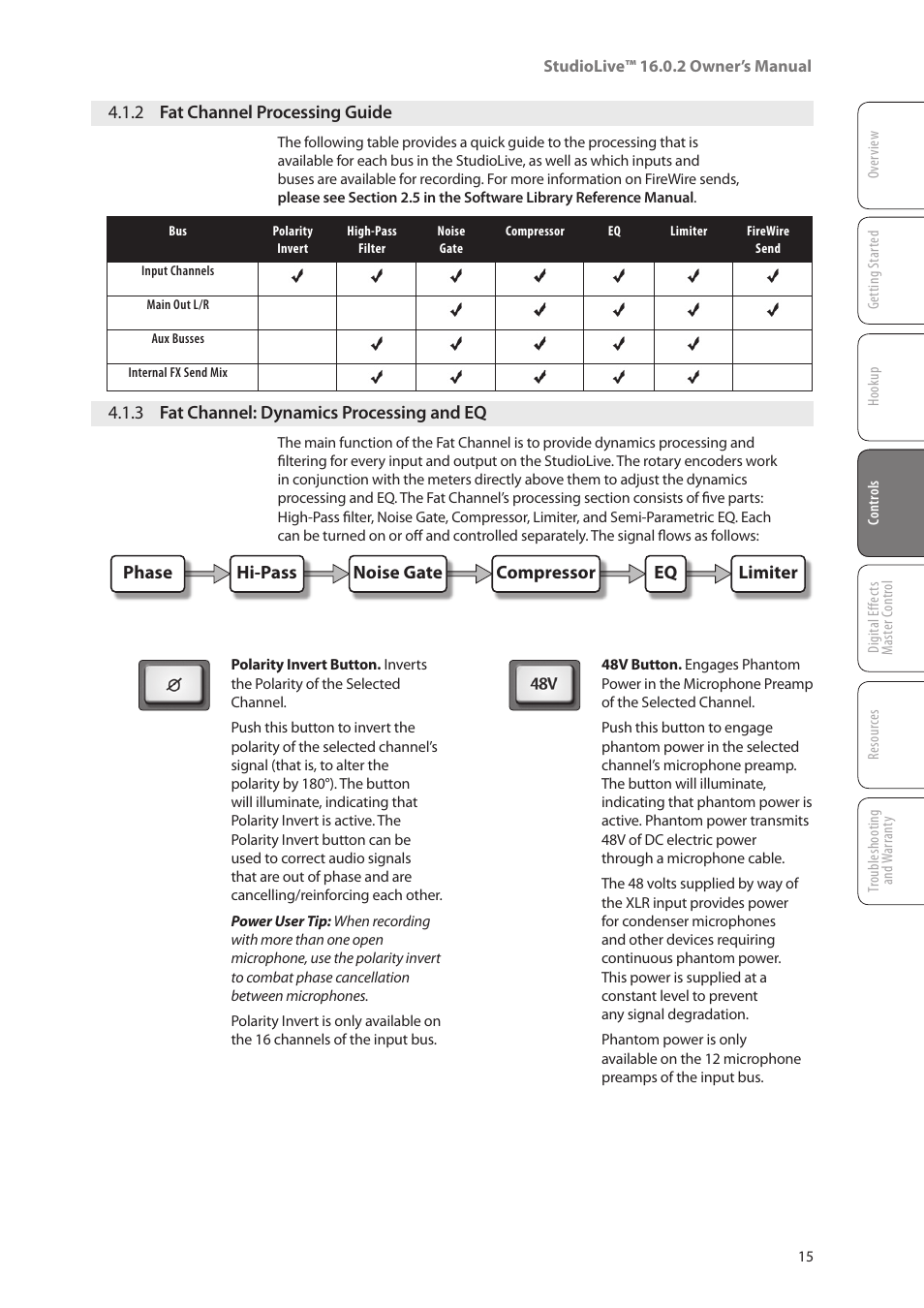 2 fat channel processing guide, 3 fat channel: dynamics processing and eq, 2 fat channel | Processing guide — 15, 3 fat channel: dynamics, Processing and eq — 15 | PreSonus StudioLive 16.0.2 User Manual | Page 19 / 80