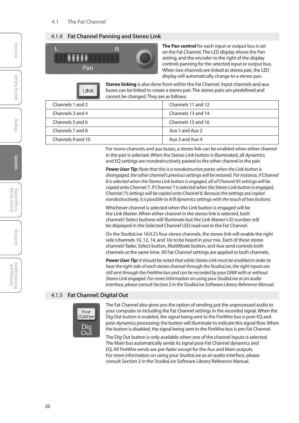 4 fat channel panning and stereo link, 5 fat channel: digital out, 4 fat channel panning and | Stereo link — 20, 5 fat channel: digital out — 20 | PreSonus StudioLive 16.0.2 User Manual | Page 24 / 80