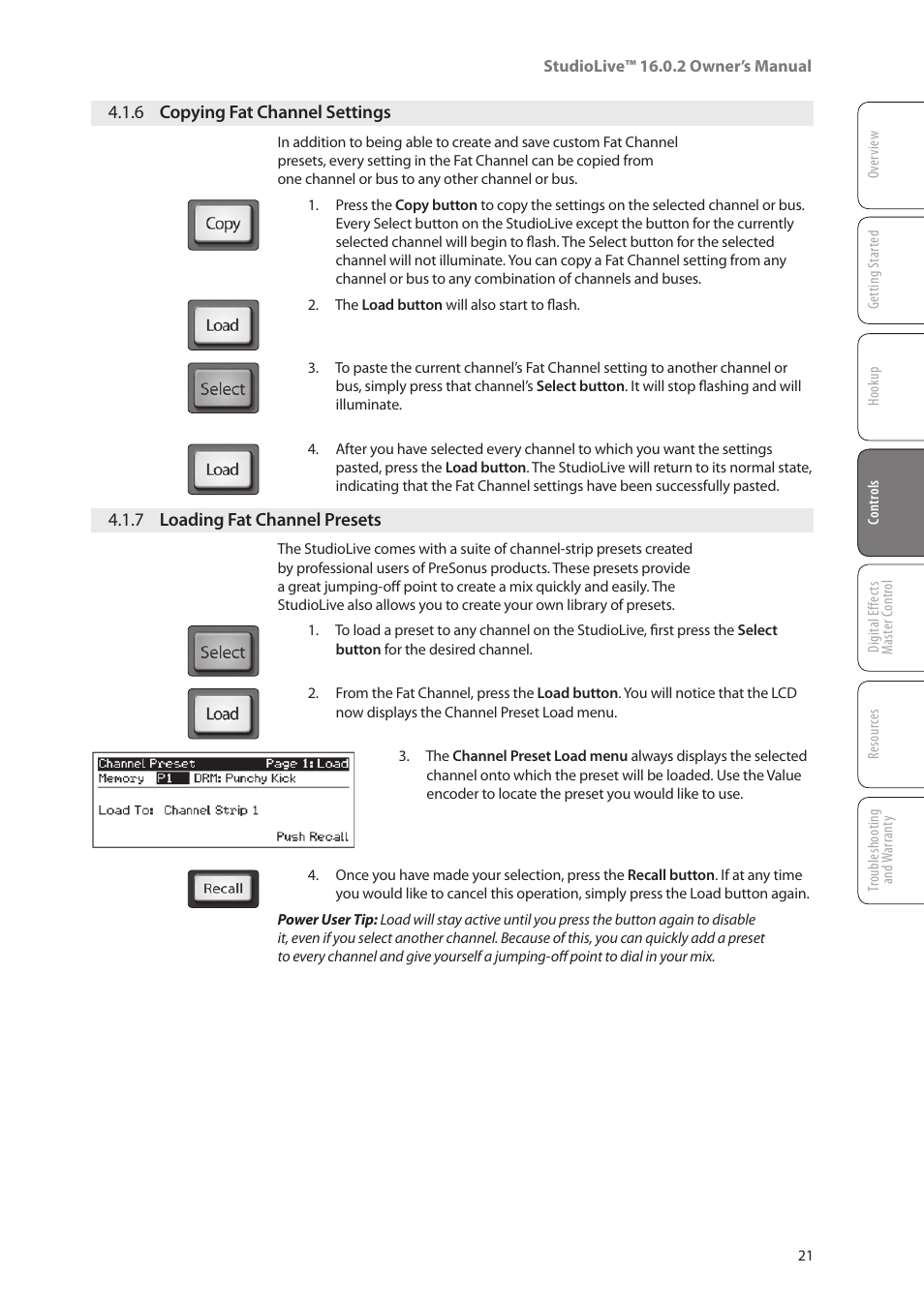 6 copying fat channel settings, 7 loading fat channel presets, 6 copying fat channel | Settings — 21, 7 loading fat channel, Presets — 21 | PreSonus StudioLive 16.0.2 User Manual | Page 25 / 80