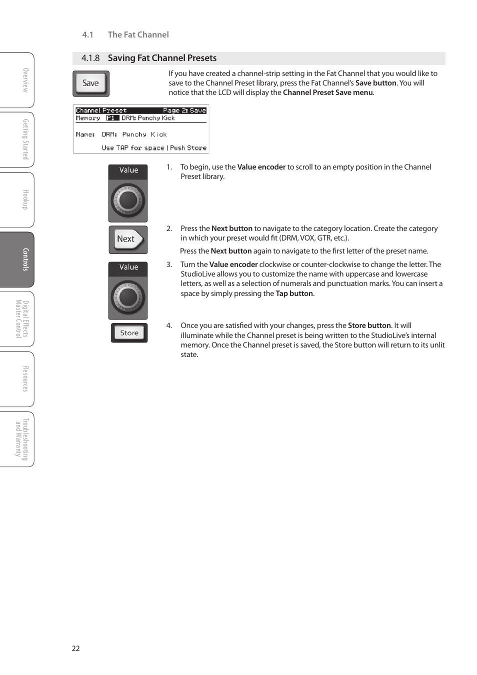 8 saving fat channel presets, 8 saving fat channel, Presets — 22 | PreSonus StudioLive 16.0.2 User Manual | Page 26 / 80