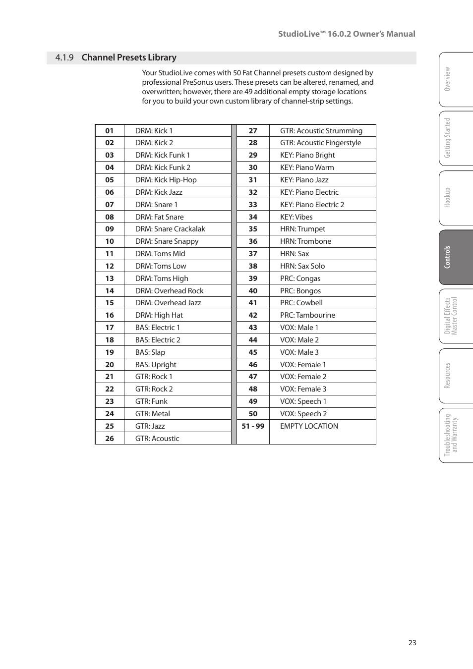 9 channel presets library, 9 channel presets library — 23 | PreSonus StudioLive 16.0.2 User Manual | Page 27 / 80