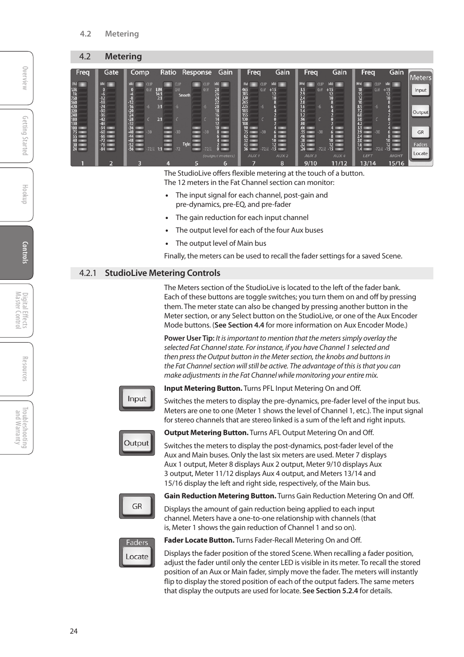 2 metering, 1 studiolive metering controls, 2 metering — 24 | 1 studiolive metering, Controls — 24 | PreSonus StudioLive 16.0.2 User Manual | Page 28 / 80