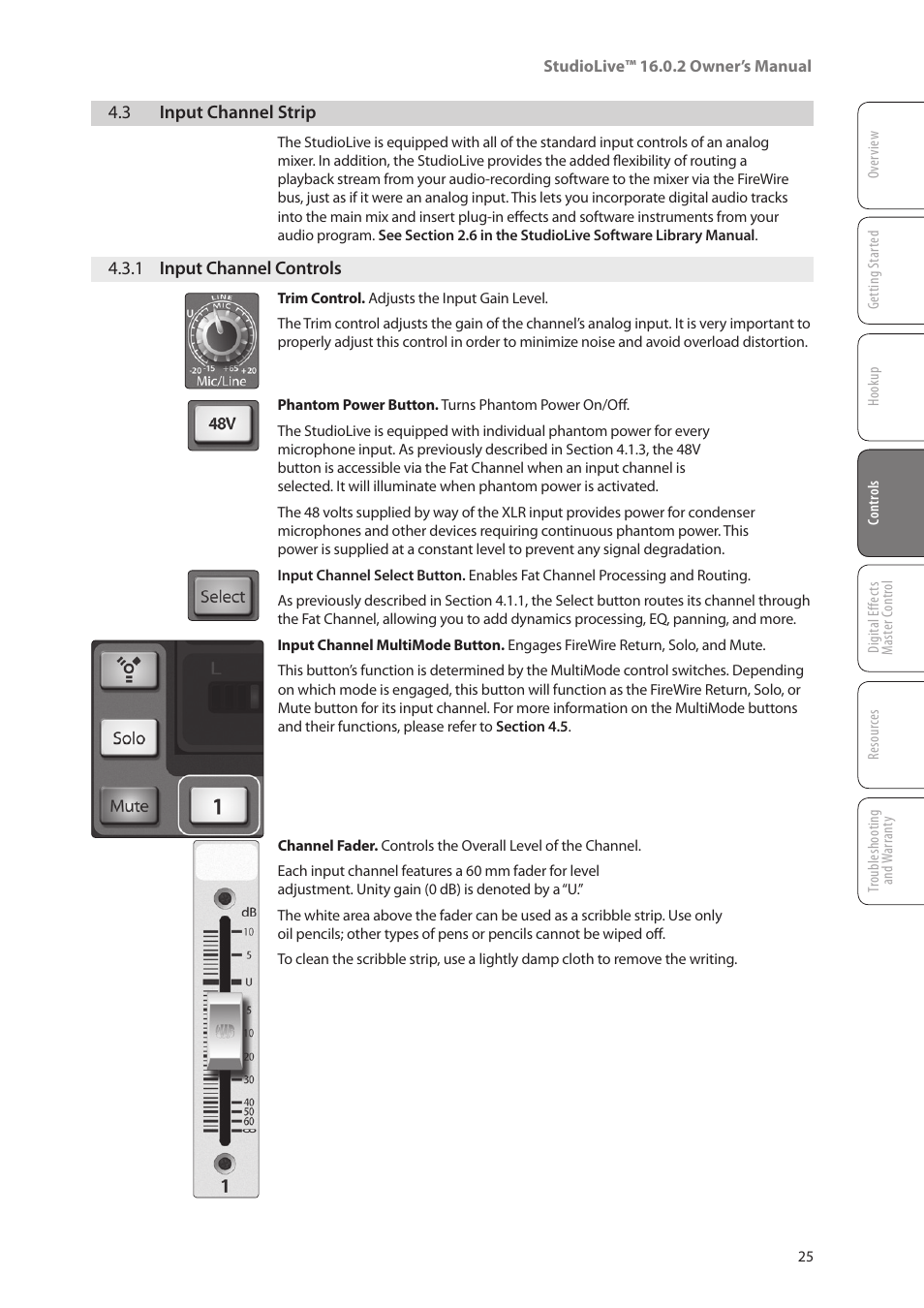 3 input channel strip, 1 input channel controls, 3 input channel strip — 25 | 1 input channel controls — 25 | PreSonus StudioLive 16.0.2 User Manual | Page 29 / 80