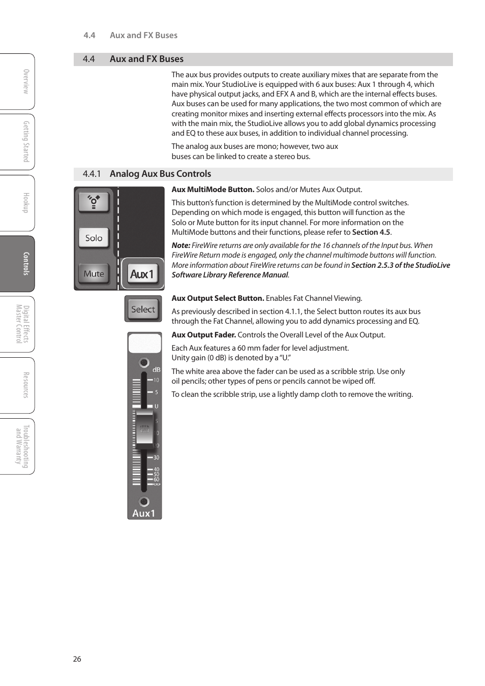 4 aux and fx buses, 1 analog aux bus controls, 4 aux and fx buses — 26 | 1 analog aux bus controls — 26 | PreSonus StudioLive 16.0.2 User Manual | Page 30 / 80