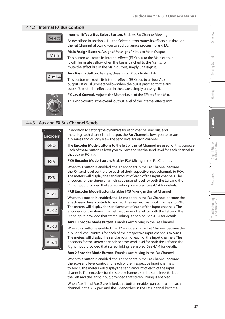 2 internal fx bus controls, 3 aux and fx bus channel sends, 2 internal fx bus controls — 27 | 3 aux and fx bus channel, Sends — 27 | PreSonus StudioLive 16.0.2 User Manual | Page 31 / 80