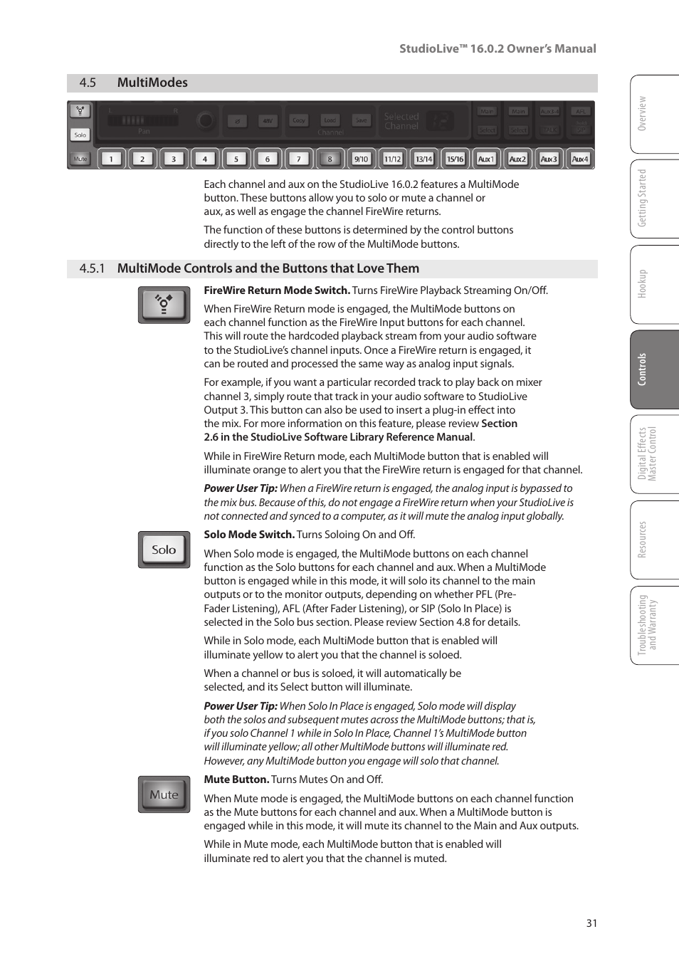 5 multimodes, 5 multimodes — 31, 1 multimode controls and the | Buttons that love them — 31 | PreSonus StudioLive 16.0.2 User Manual | Page 35 / 80