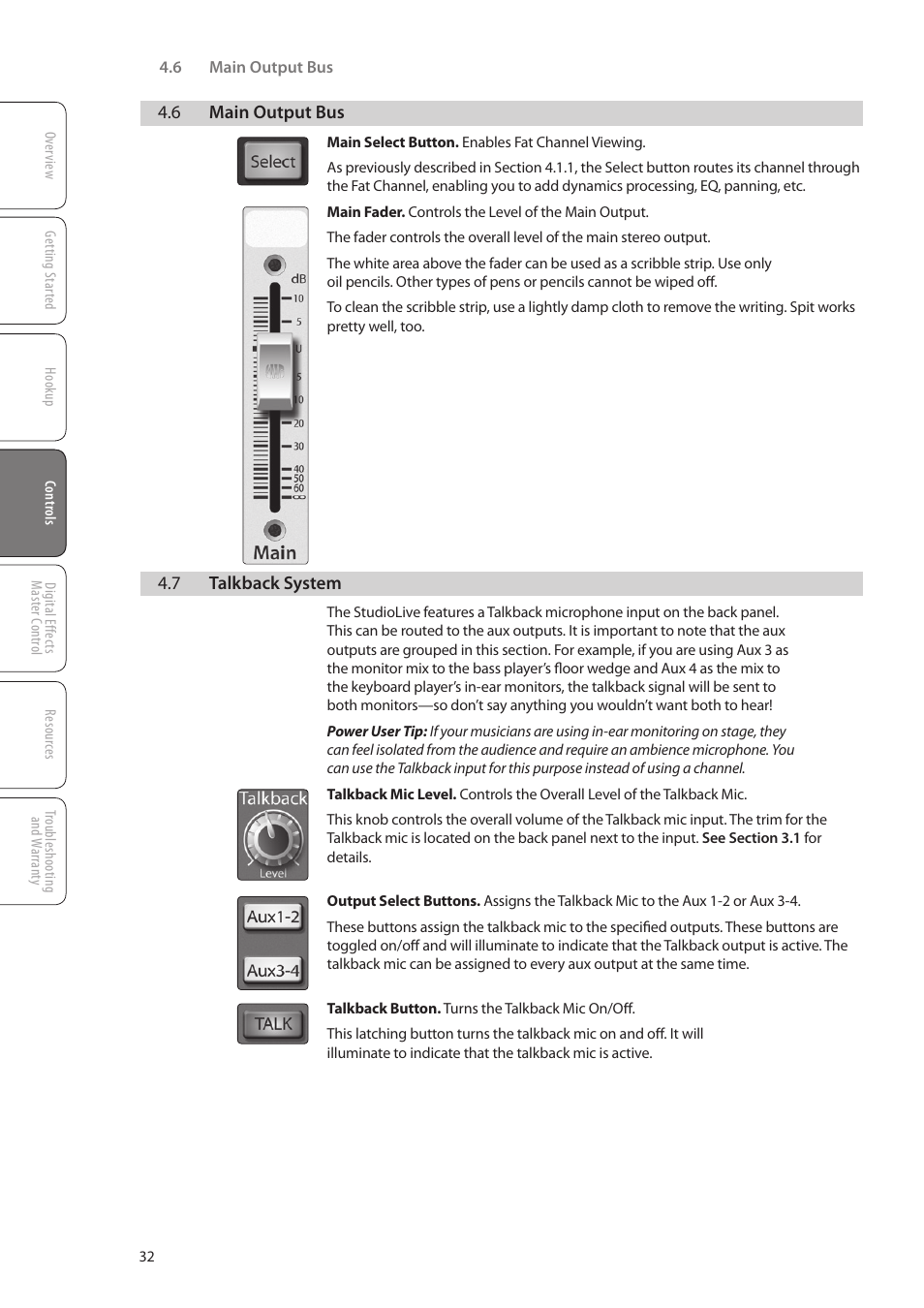 6 main output bus, 7 talkback system, 6 main output bus — 32 | 7 talkback system — 32 | PreSonus StudioLive 16.0.2 User Manual | Page 36 / 80