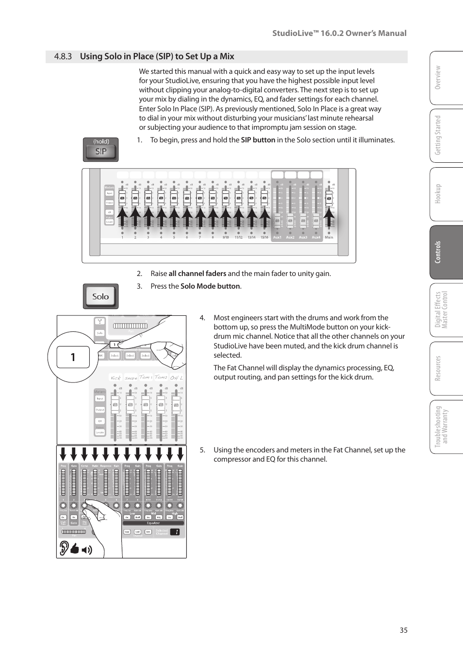 3 using solo in place (sip) to set up a mix, 3 using solo in place (sip) to, Set up a mix — 35 | PreSonus StudioLive 16.0.2 User Manual | Page 39 / 80