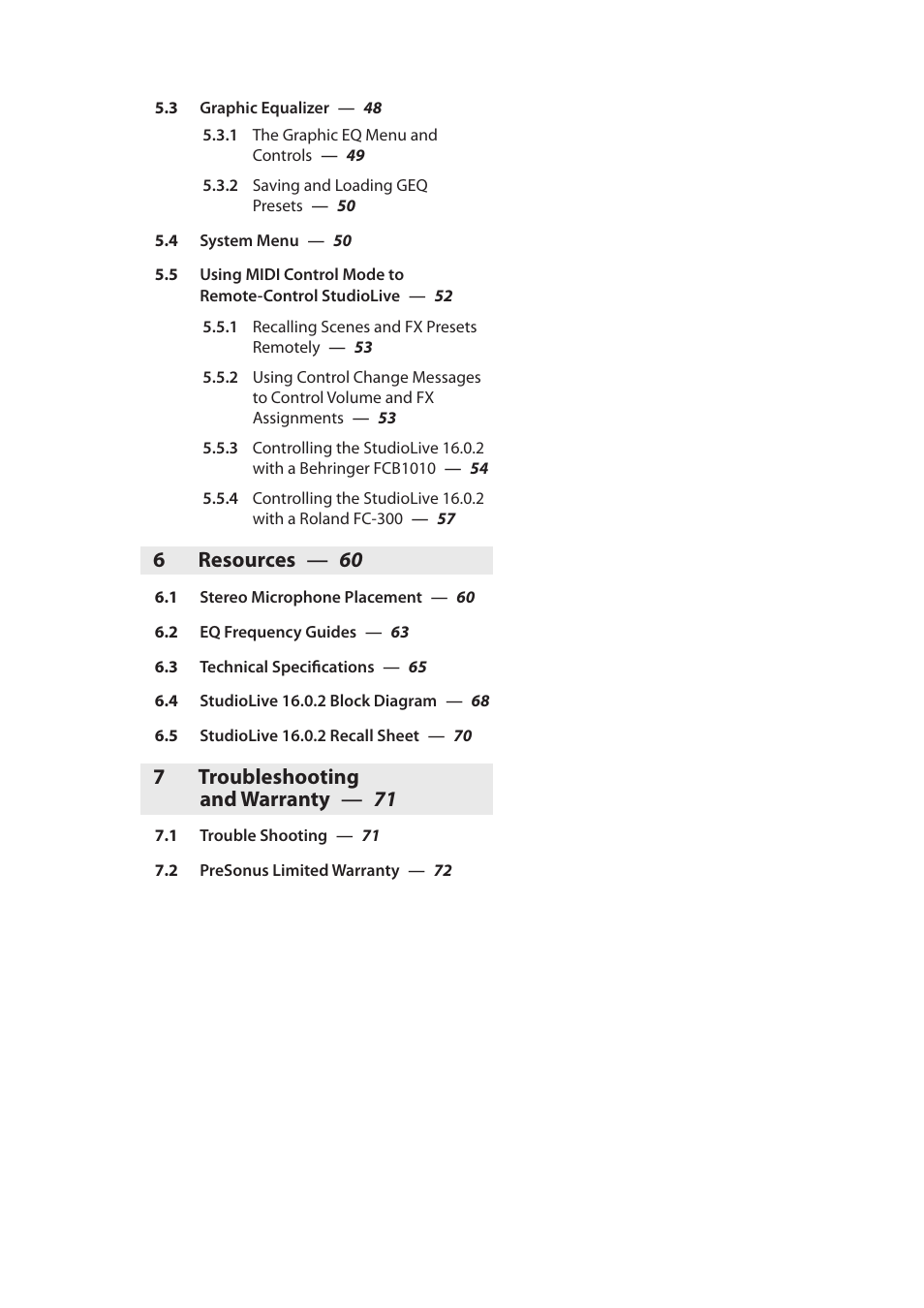 6 resources — 60, 7 troubleshooting and warranty — 71 | PreSonus StudioLive 16.0.2 User Manual | Page 4 / 80