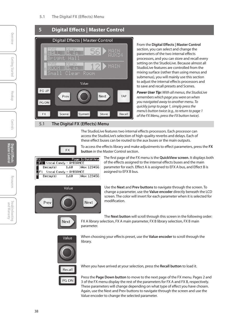 5 digital effects | master control, 1 the digital fx (effects) menu, Digital effects | Master control — 38, 1 the digital fx (effects) menu — 38, 5digital effects | master control | PreSonus StudioLive 16.0.2 User Manual | Page 42 / 80