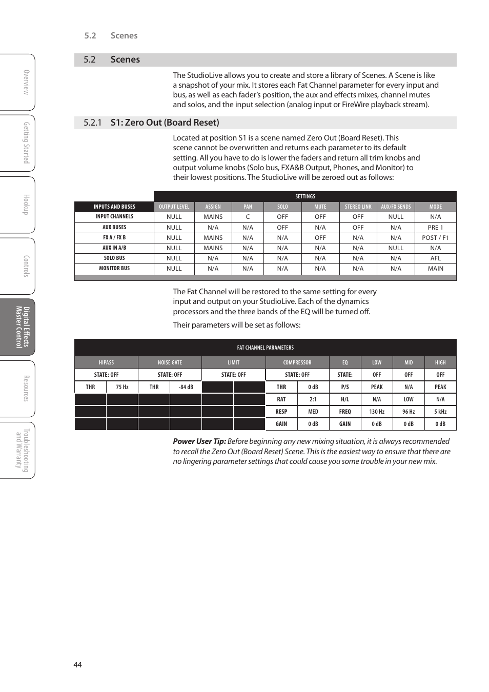 2 scenes, 1 s1: zero out (board reset), 2 scenes — 44 | 1 s1: zero out (board reset) — 44 | PreSonus StudioLive 16.0.2 User Manual | Page 48 / 80