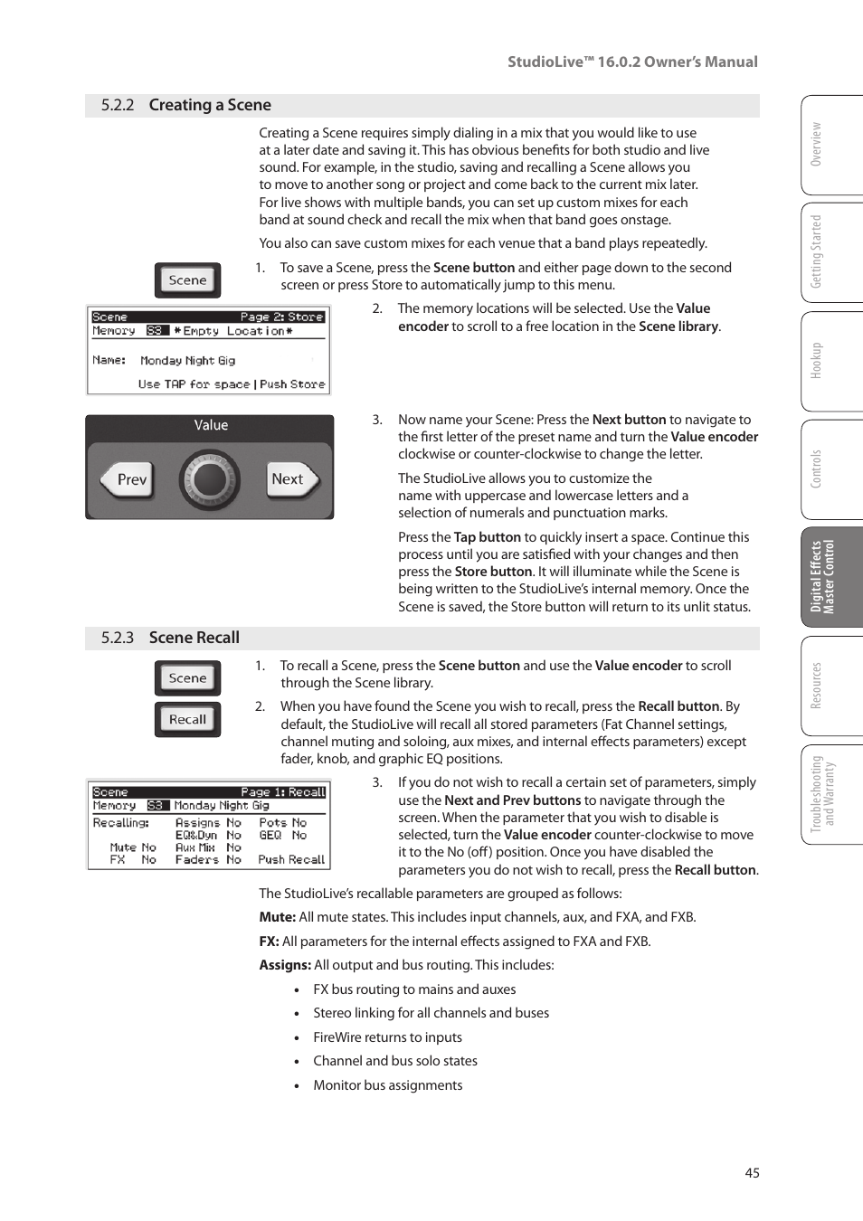 2 creating a scene, 3 scene recall, 2 creating a scene — 45 | 3 scene recall — 45 | PreSonus StudioLive 16.0.2 User Manual | Page 49 / 80