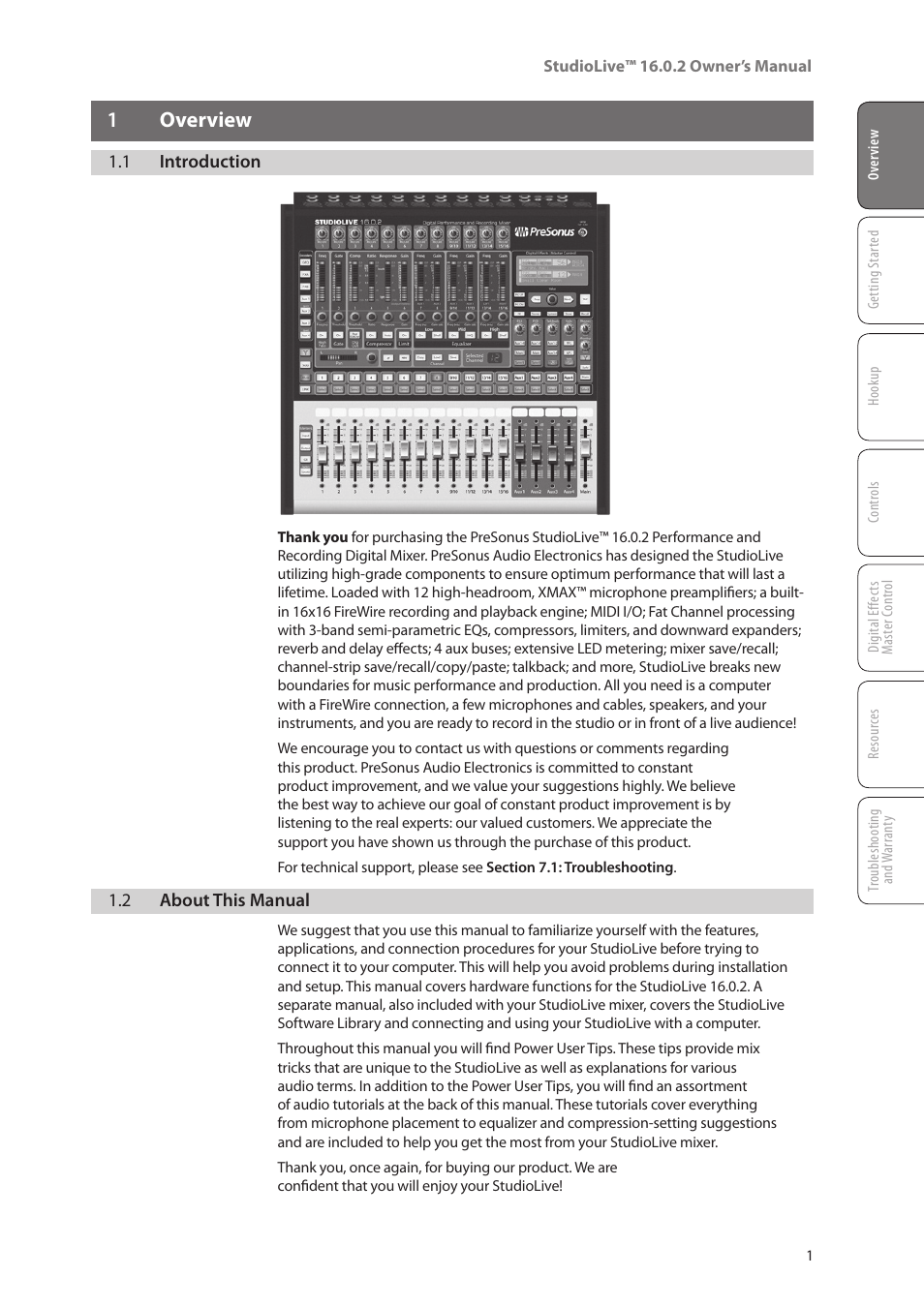 1 overview, 1 introduction, 2 about this manual | 1 overview — 1, 1 introduction — 1, 2 about this manual — 1 | PreSonus StudioLive 16.0.2 User Manual | Page 5 / 80