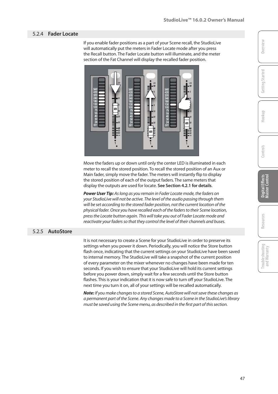 4 fader locate, 5 autostore, 4 fader locate — 47 | 5 autostore — 47, Studiolive™ 16.0.2 owner’s manual | PreSonus StudioLive 16.0.2 User Manual | Page 51 / 80