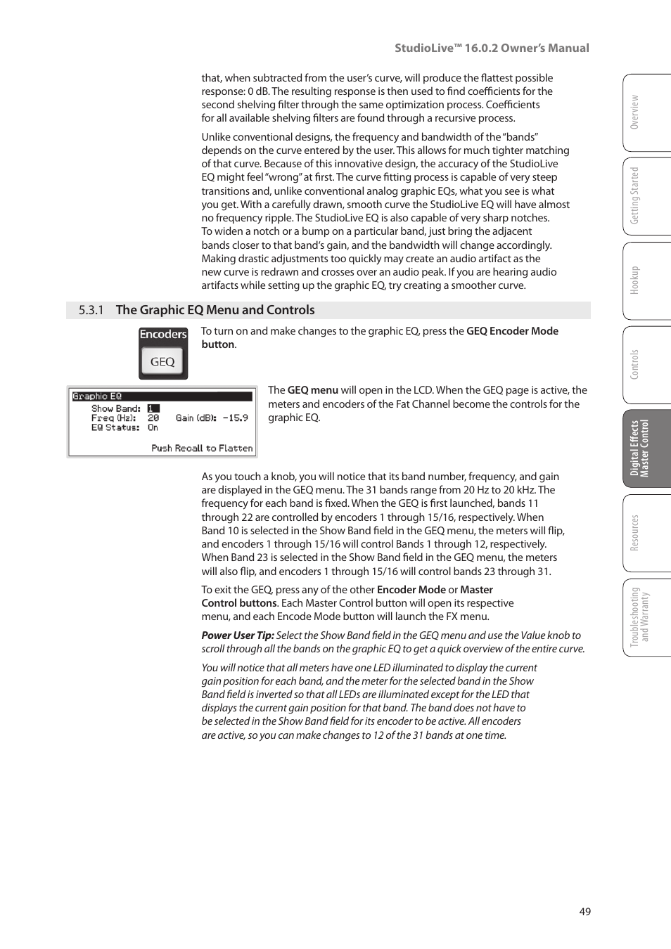 1 the graphic eq menu and controls, 1 the graphic eq menu and, Controls — 49 | PreSonus StudioLive 16.0.2 User Manual | Page 53 / 80