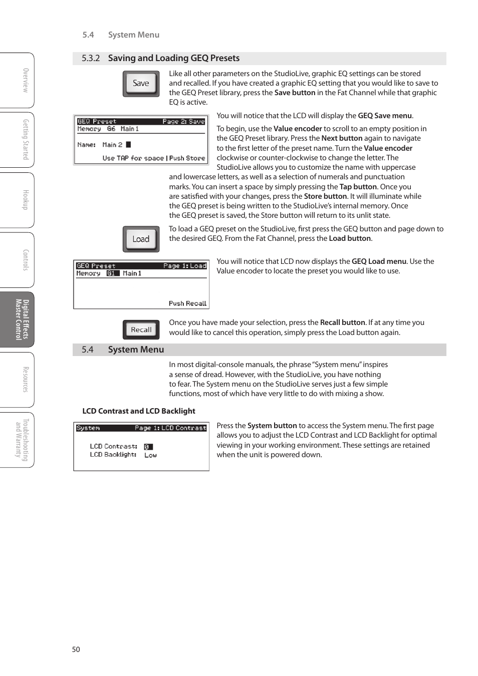 2 saving and loading geq presets, 4 system menu, 2 saving and loading geq | Presets — 50, 4 system menu — 50 | PreSonus StudioLive 16.0.2 User Manual | Page 54 / 80