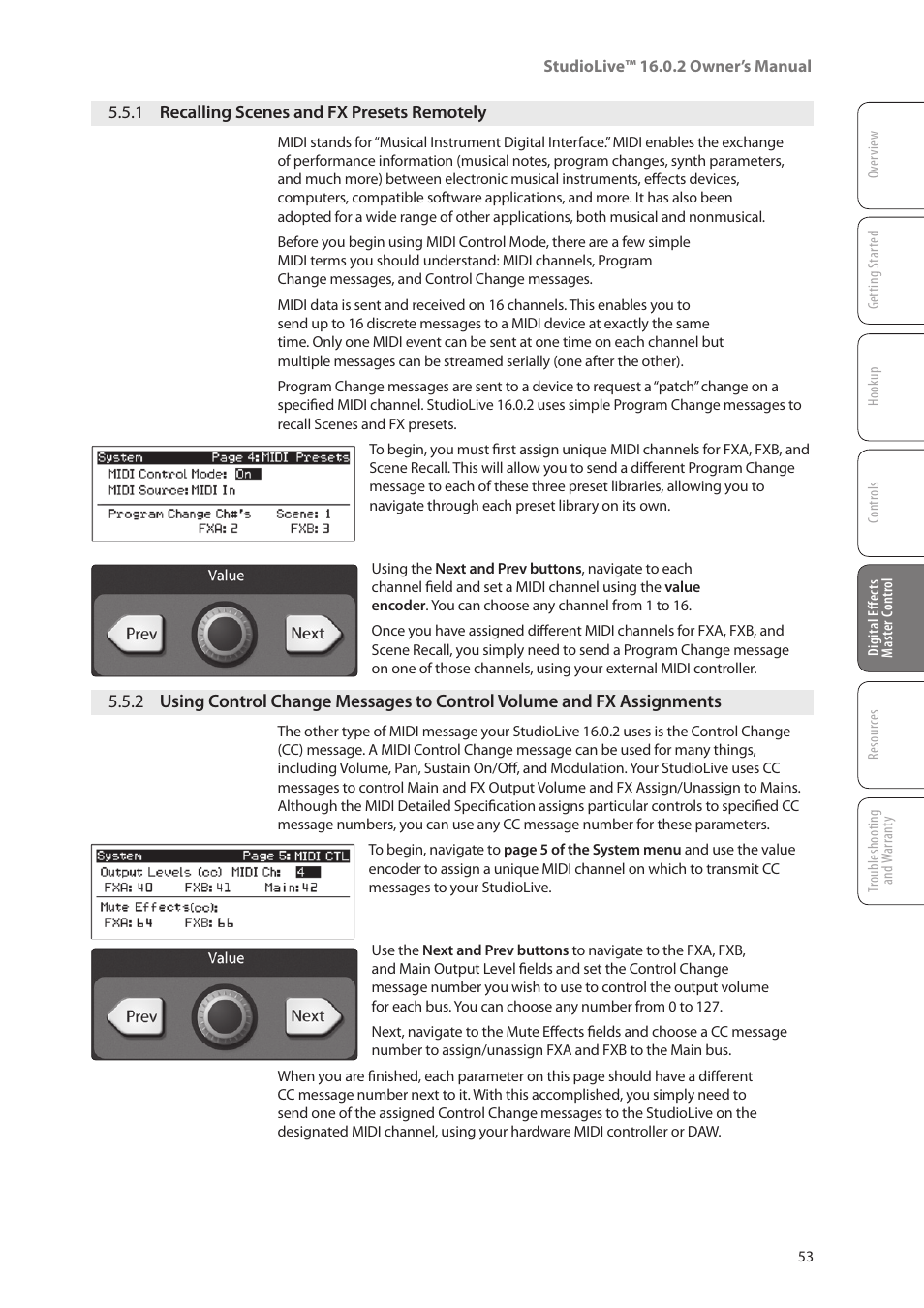 1 recalling scenes and fx presets remotely, 1 recalling scenes and fx presets, Remotely — 53 | 2 using control change messages, To control volume and fx assignments — 53 | PreSonus StudioLive 16.0.2 User Manual | Page 57 / 80
