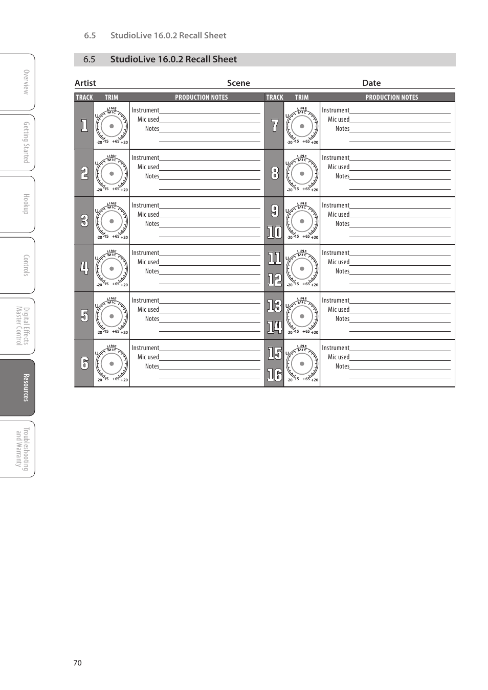 5 studiolive 16.0.2 recall sheet, 5 studiolive 16.0.2 recall sheet — 70 | PreSonus StudioLive 16.0.2 User Manual | Page 74 / 80