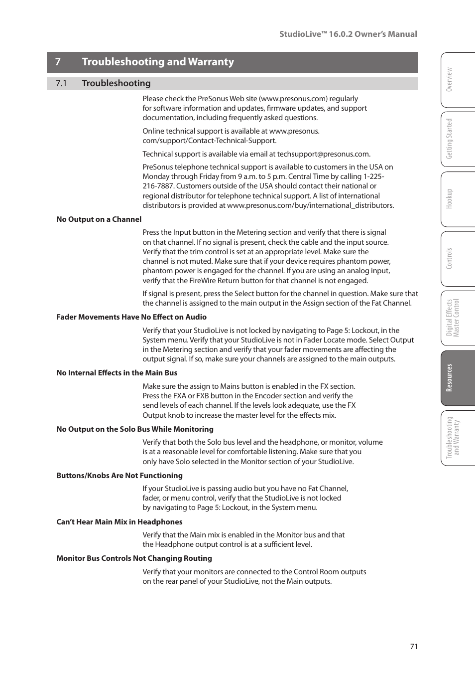 7 troubleshooting and warranty, 1 trouble shooting, 7 troubleshooting | And warranty — 71, 1 trouble shooting — 71, 7troubleshooting and warranty | PreSonus StudioLive 16.0.2 User Manual | Page 75 / 80