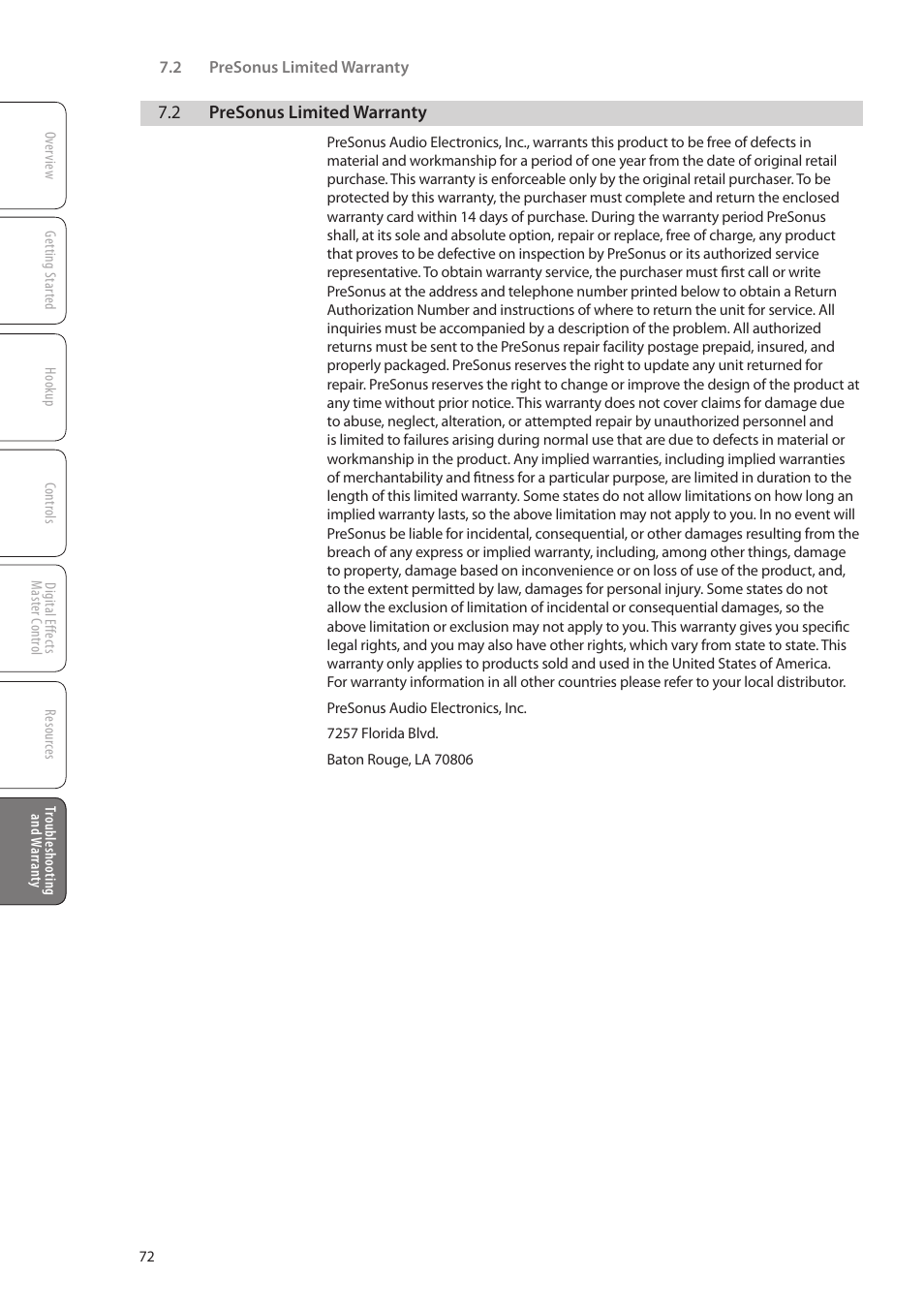 2 presonus limited warranty, 2 presonus limited warranty — 72 | PreSonus StudioLive 16.0.2 User Manual | Page 76 / 80