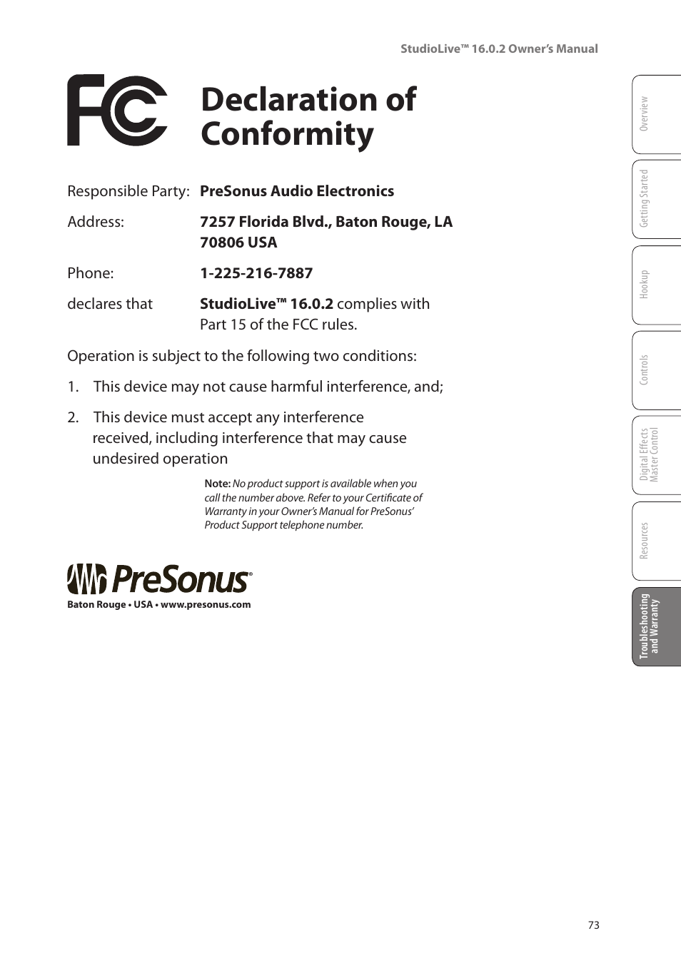 Declaration of conformity | PreSonus StudioLive 16.0.2 User Manual | Page 77 / 80