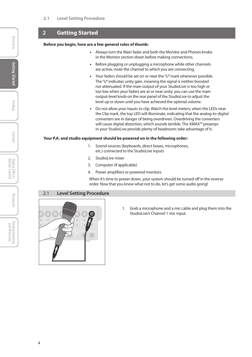 2 getting started, 1 level setting procedure, Getting started — 4 | 1 level setting procedure — 4, 2getting started | PreSonus StudioLive 16.0.2 User Manual | Page 8 / 80