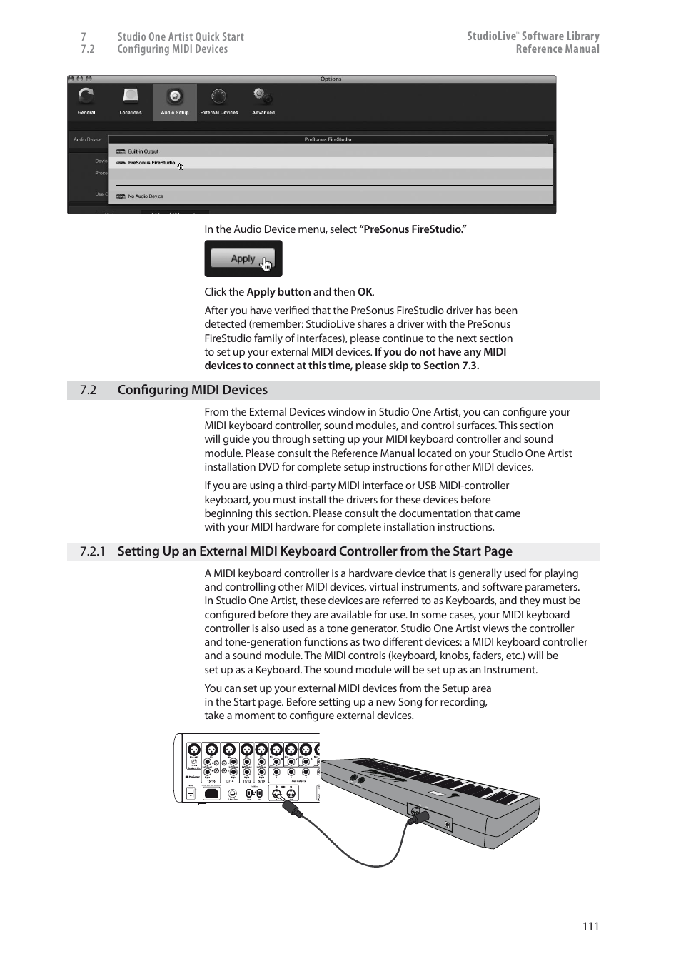 Configuring midi devices — 111, 1 setting up an external midi keyboard, 2 configuring midi devices | Software library reference manual | PreSonus StudioLive 24.4.2 User Manual | Page 115 / 150