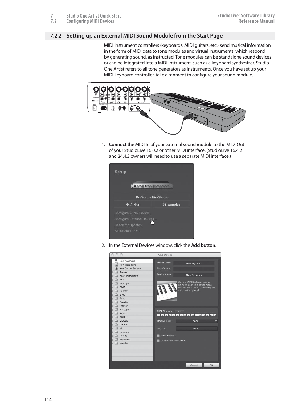 2 setting up an external midi sound module, Software library reference manual | PreSonus StudioLive 24.4.2 User Manual | Page 118 / 150