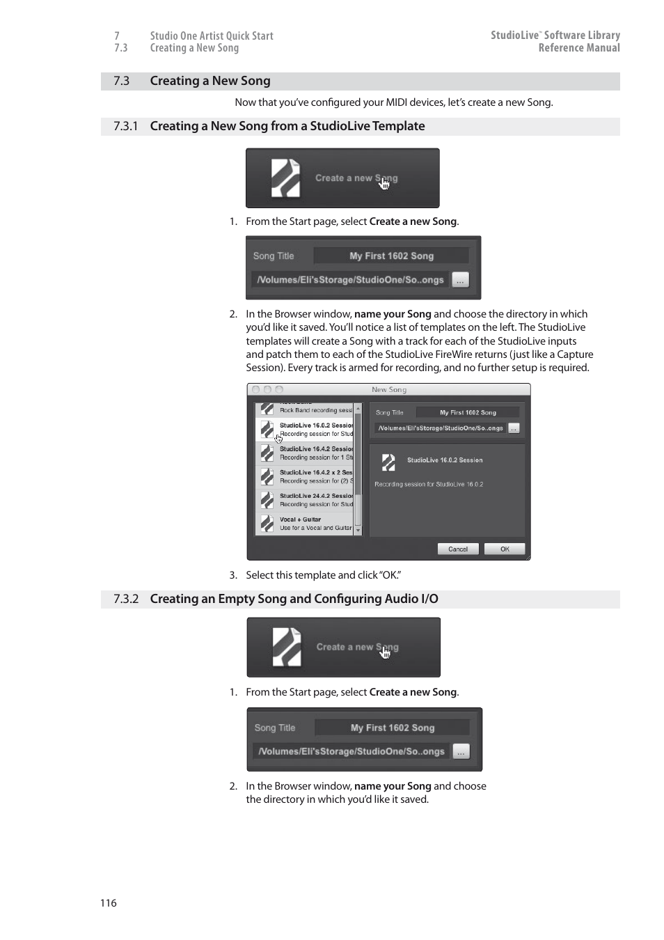 Creating a new song — 116, 1 creating a new song from, A studiolive template — 116 | 2 creating an empty song, And configuring audio i/o — 116 | PreSonus StudioLive 24.4.2 User Manual | Page 120 / 150