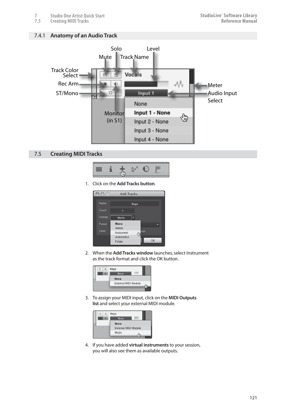 1 anatomy of an audio track — 121, Creating midi tracks — 121 | PreSonus StudioLive 24.4.2 User Manual | Page 125 / 150