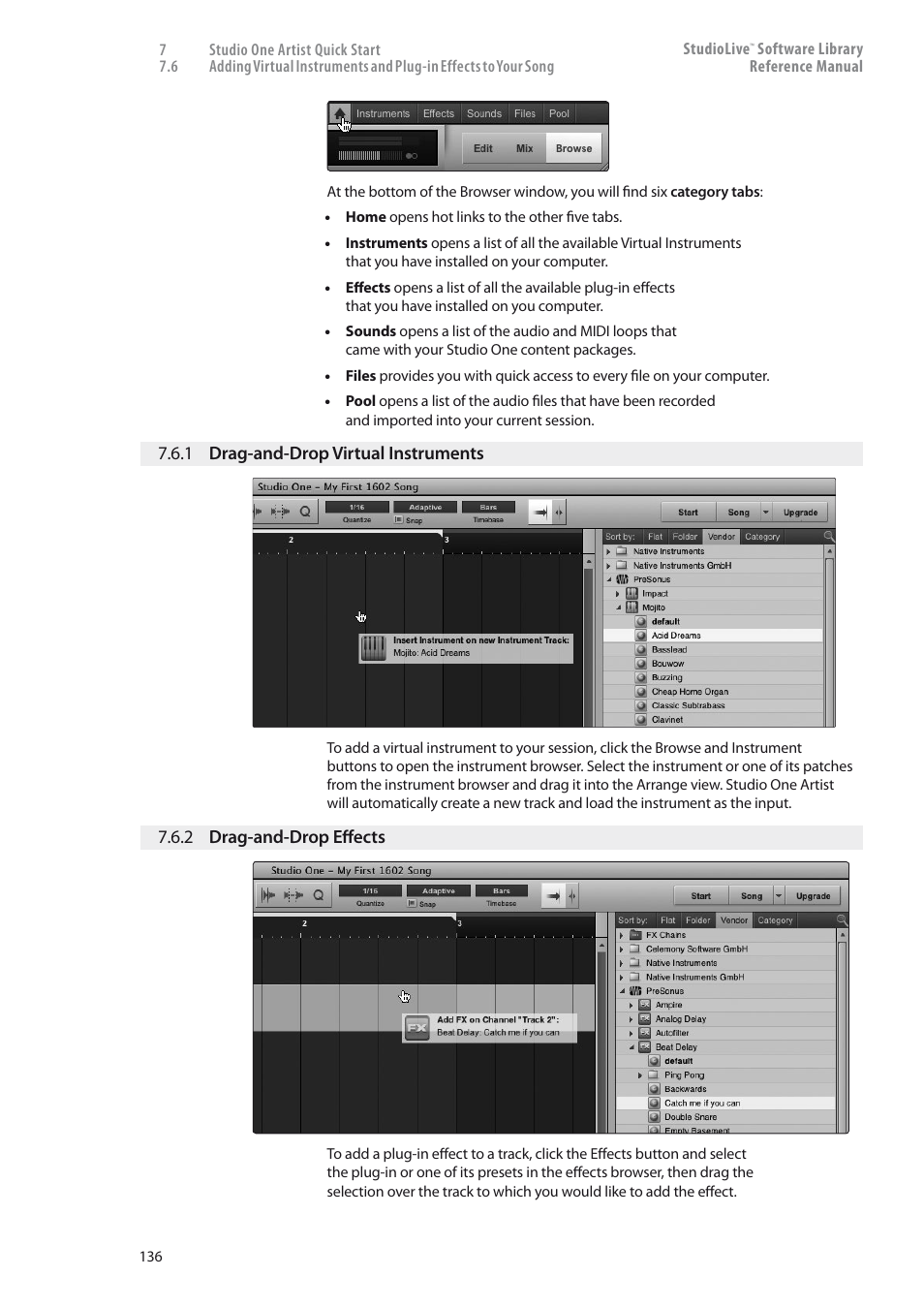 1 drag-and-drop virtual, Instruments — 136, 2 drag-and-drop effects — 136 | PreSonus StudioLive 24.4.2 User Manual | Page 140 / 150