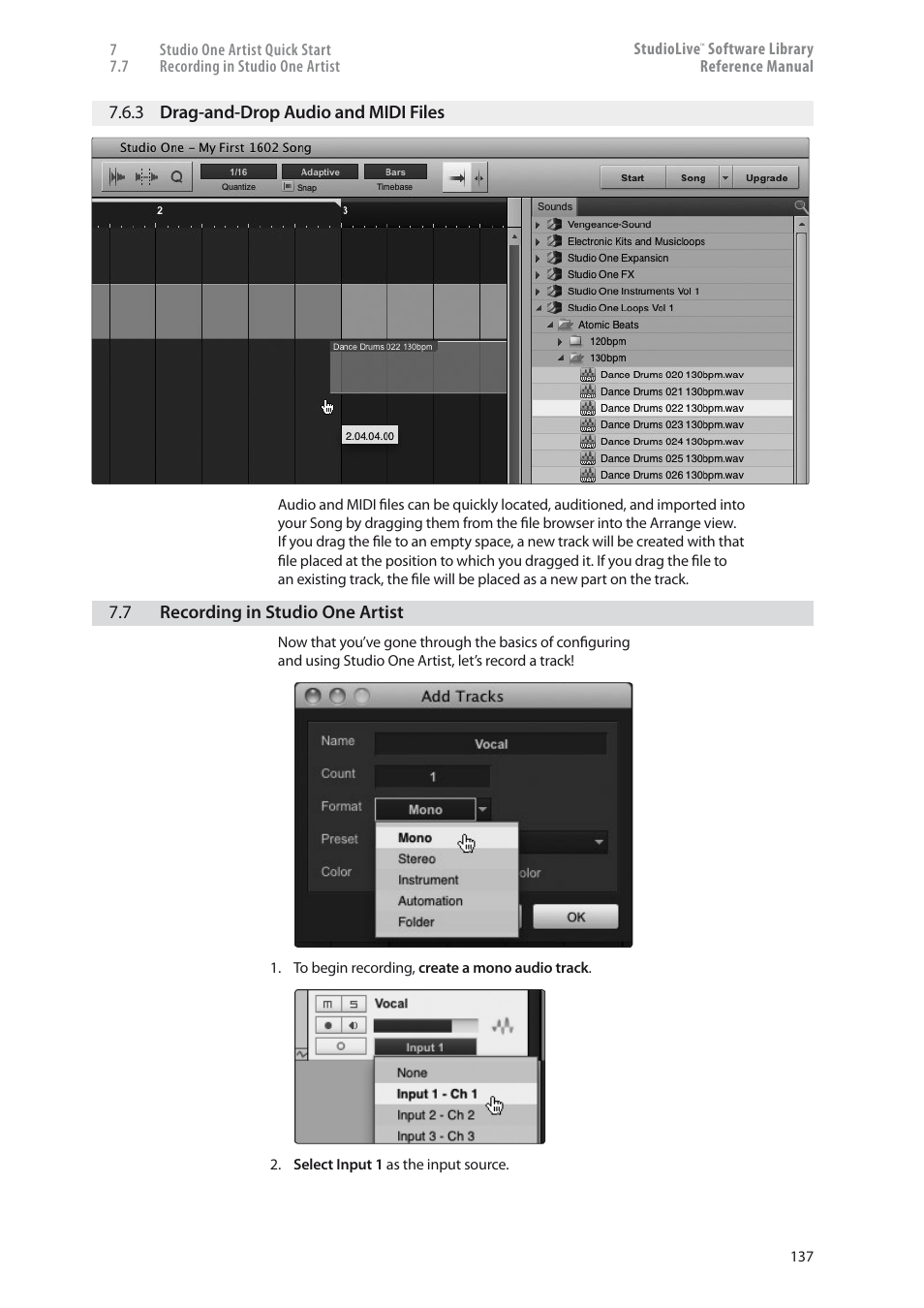 3 drag-and-drop audio and midi, Files — 137, Recording in studio one artist — 137 | PreSonus StudioLive 24.4.2 User Manual | Page 141 / 150