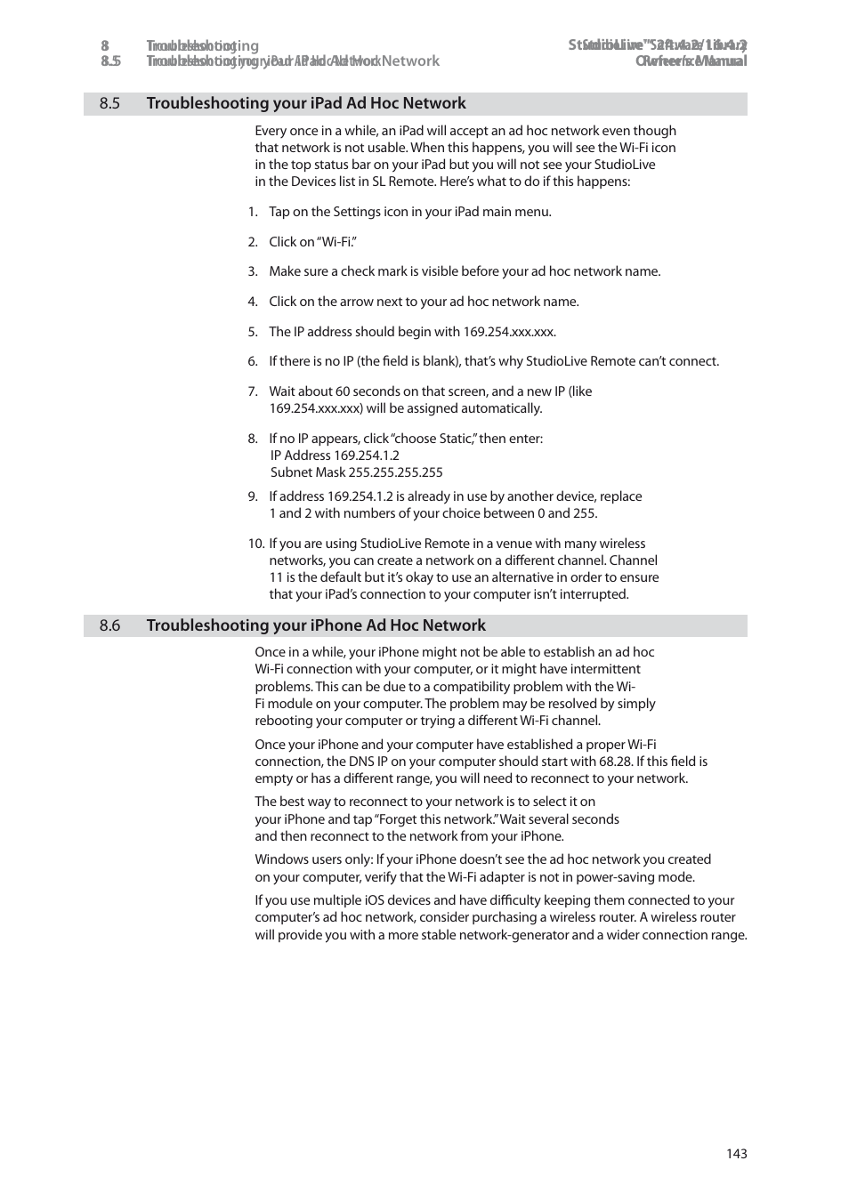 Troubleshooting your ipad ad hoc network — 143, Troubleshooting your iphone ad hoc network — 143 | PreSonus StudioLive 24.4.2 User Manual | Page 147 / 150