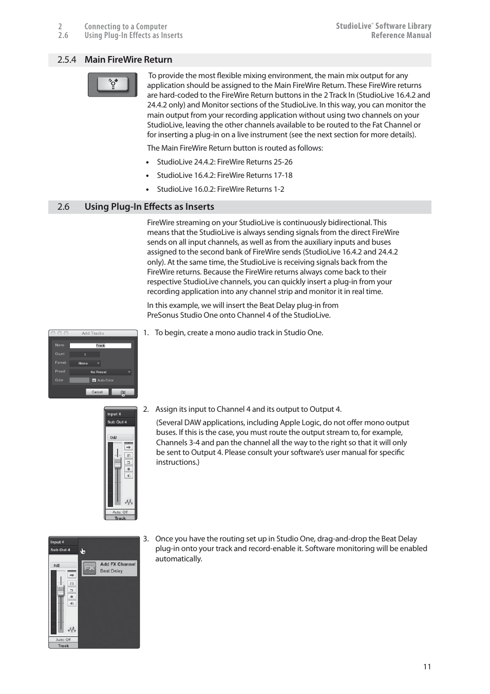 4 main firewire return — 11, Using plug-in effects as inserts — 11 | PreSonus StudioLive 24.4.2 User Manual | Page 15 / 150