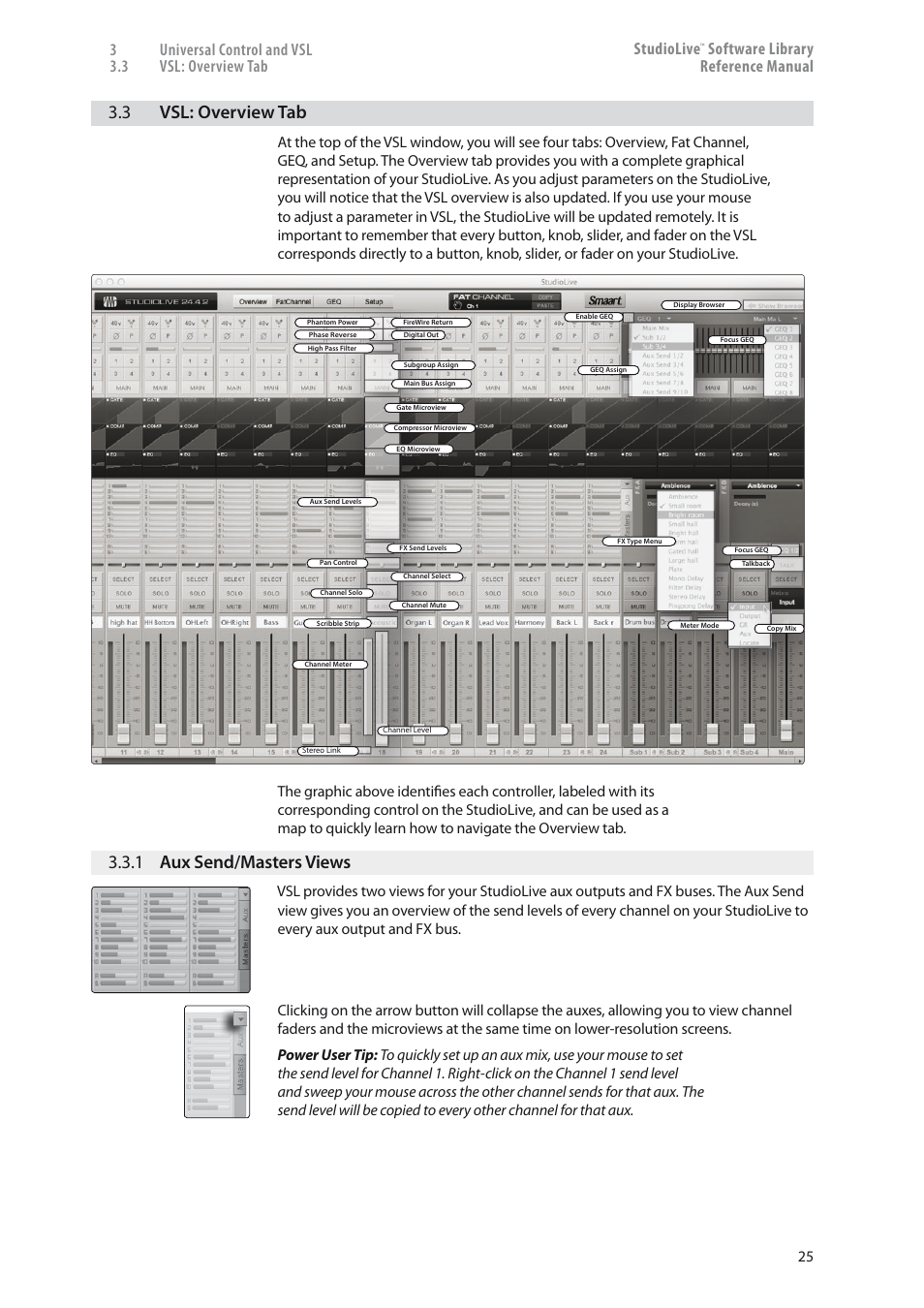 Vsl: overview tab — 25, 1 aux send/masters views — 25, 3 vsl: overview tab | 1 aux send/masters views, Software library reference manual | PreSonus StudioLive 24.4.2 User Manual | Page 29 / 150