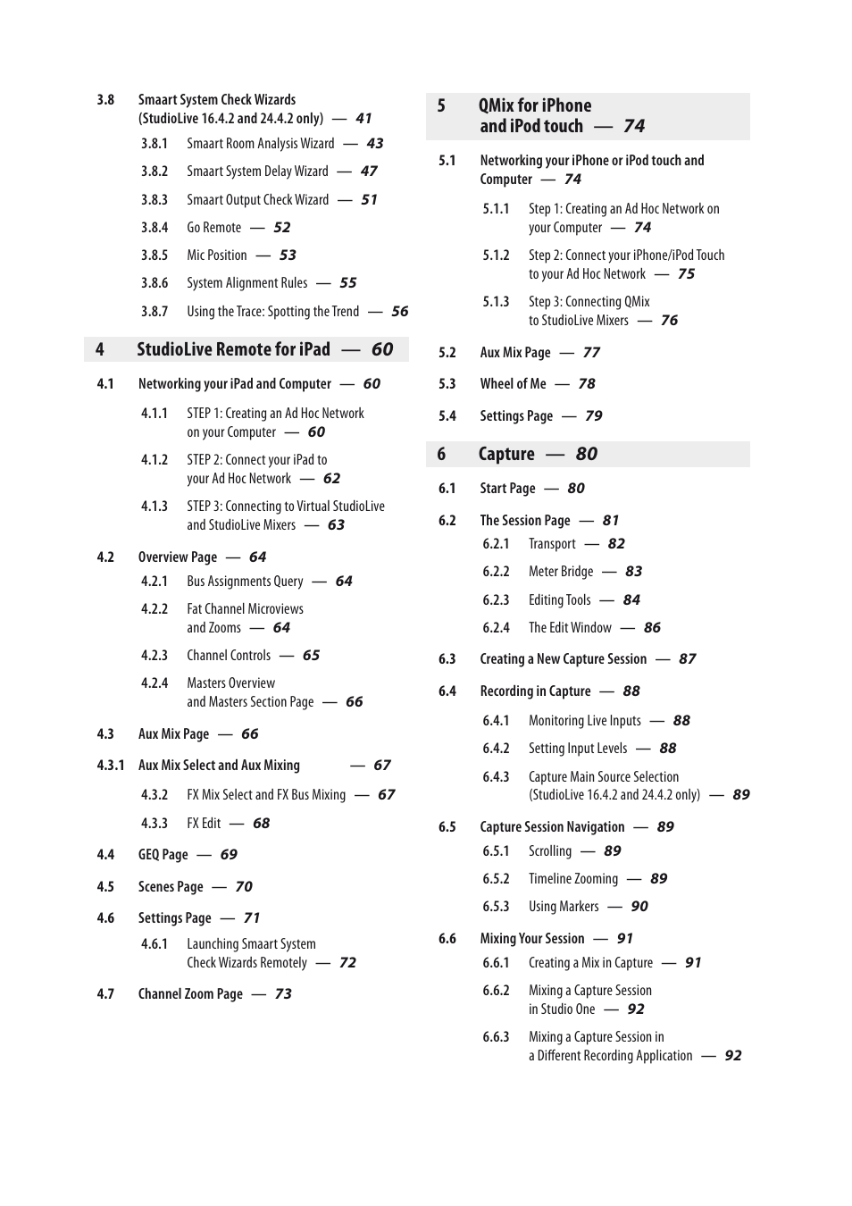 4studiolive remote for ipad — 60, 5qmix for iphone and ipod touch — 74, 6 capture — 80 | PreSonus StudioLive 24.4.2 User Manual | Page 3 / 150