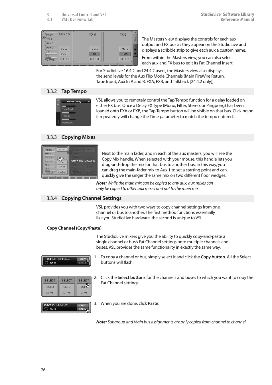 2 tap tempo — 26, 3 copying mixes — 26, 4 copying channel settings — 26 | PreSonus StudioLive 24.4.2 User Manual | Page 30 / 150