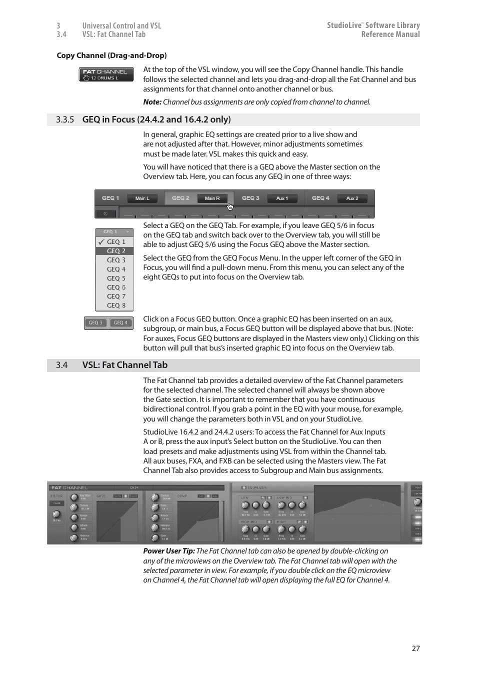 5 geq in focus, 2 and 16.4.2 only) — 27, Vsl: fat channel tab — 27 | PreSonus StudioLive 24.4.2 User Manual | Page 31 / 150