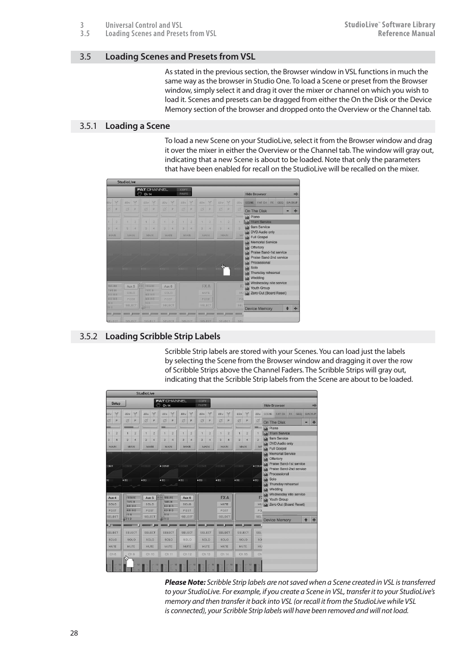 Loading scenes and presets from vsl — 28, 1 loading a scene — 28, 2 loading scribble strip labels — 28 | PreSonus StudioLive 24.4.2 User Manual | Page 32 / 150