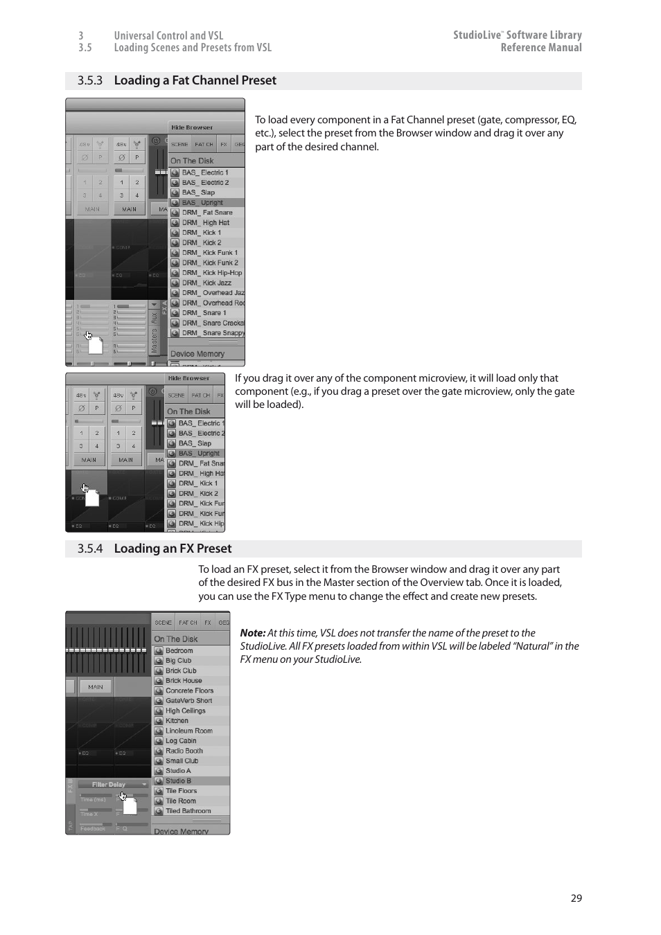 3 loading a fat channel preset — 29, 4 loading an fx preset — 29 | PreSonus StudioLive 24.4.2 User Manual | Page 33 / 150