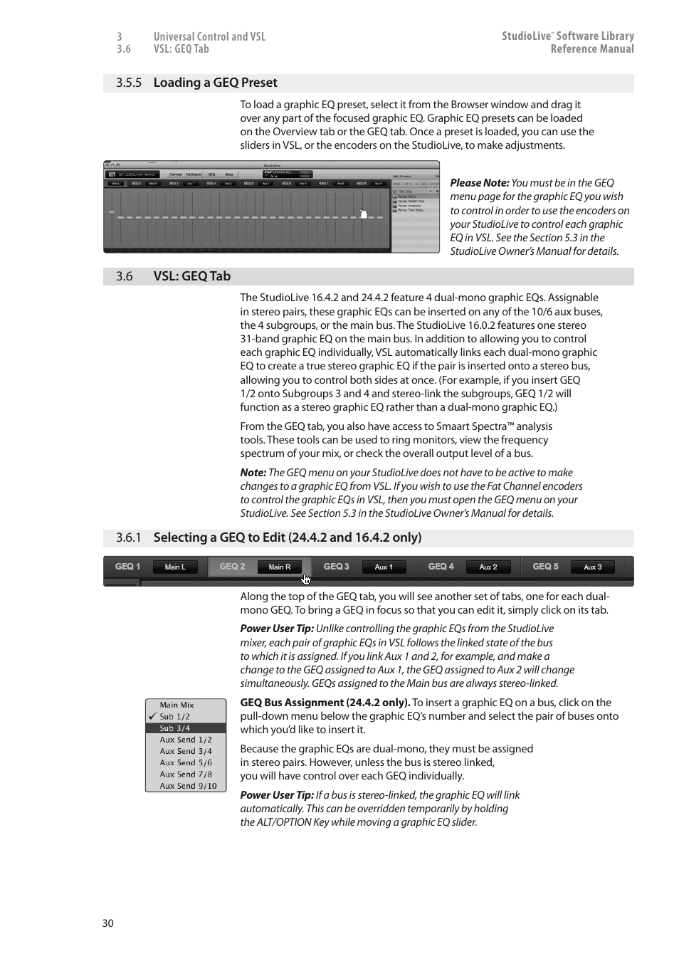 5 loading a geq preset — 30, Vsl: geq tab — 30, 1 selecting a geq to edit | 2 and 16.4.2 only) — 30 | PreSonus StudioLive 24.4.2 User Manual | Page 34 / 150