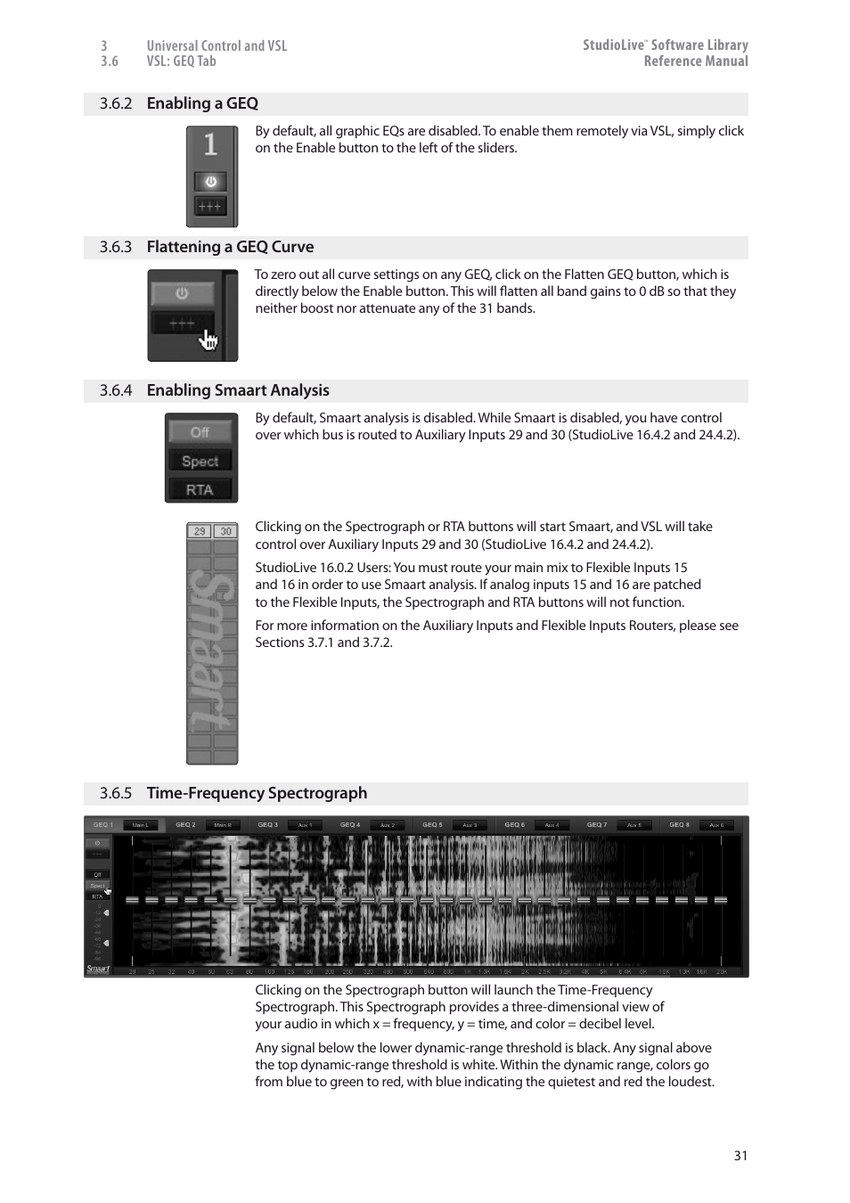 2 enabling a geq — 31, 3 flattening a geq curve — 31, 4 enabling smaart analysis — 31 | 5 time-frequency spectrograph — 31 | PreSonus StudioLive 24.4.2 User Manual | Page 35 / 150