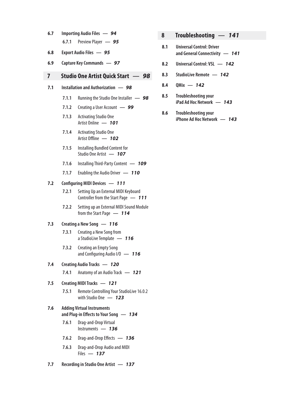 7studio one artist quick start — 98, 8 troubleshooting — 141 | PreSonus StudioLive 24.4.2 User Manual | Page 4 / 150